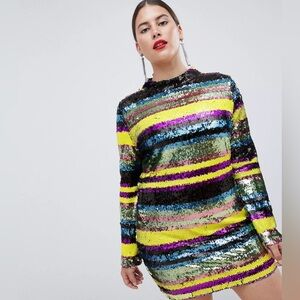 CLUB L LONDON Multicolor Sequin High Neck Long Sleeve Mini Dress - US 4